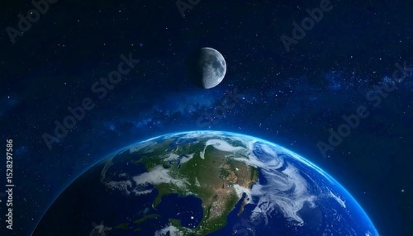 Obraz Earth with Moon, Space, and Night View.