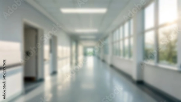 Fototapeta Blurred hospital hallway with natural daylight through windows, featuring minimal clean design and sterile atmosphere, ideal for healthcare, wellness, or medical backgrounds