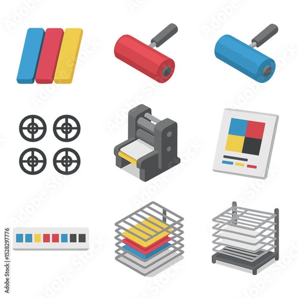 Fototapeta CMYK Printing Icons. Isometric Flat icon set of printing process colors: CMYK color bars, red ink roller, blue ink roller, yellow