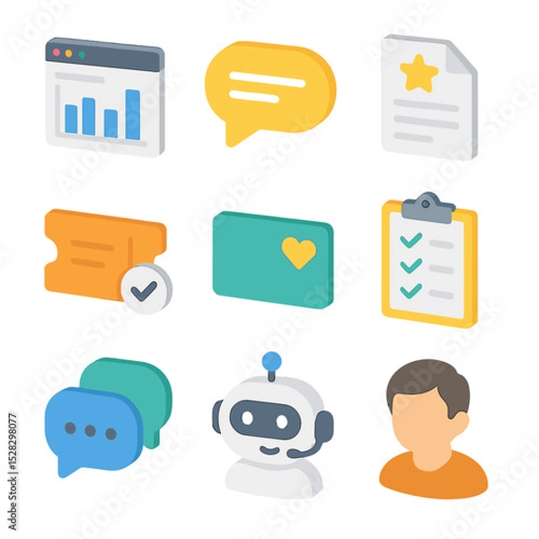 Obraz Customer Tools Icon Set. Isometric Flat icon set of customer engagement tools: CRM dashboard, live chat bubble, feedback form,
