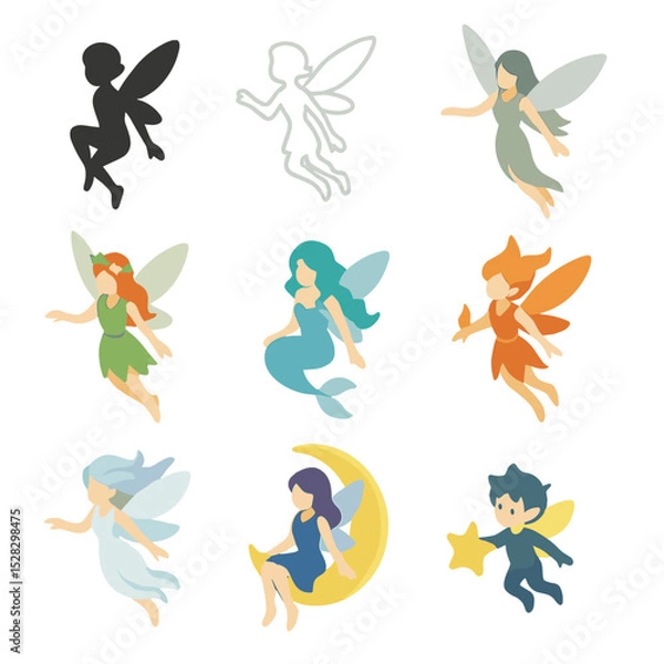 Obraz Fantasy Winged Creatures Icons. Isometric Flat icon set of Fantasy Winged Creatures: pixie silhouette, sprite outline, sylph