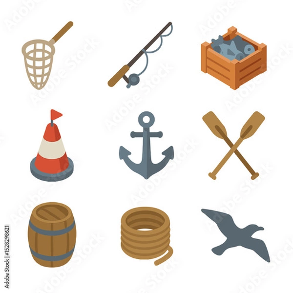 Fototapeta Fisherman's Hut Icons. Isometric Flat icon set of Fisherman’s hut: fishing net, rod, fish crate, buoy, anchor, oars, barrel, rope
