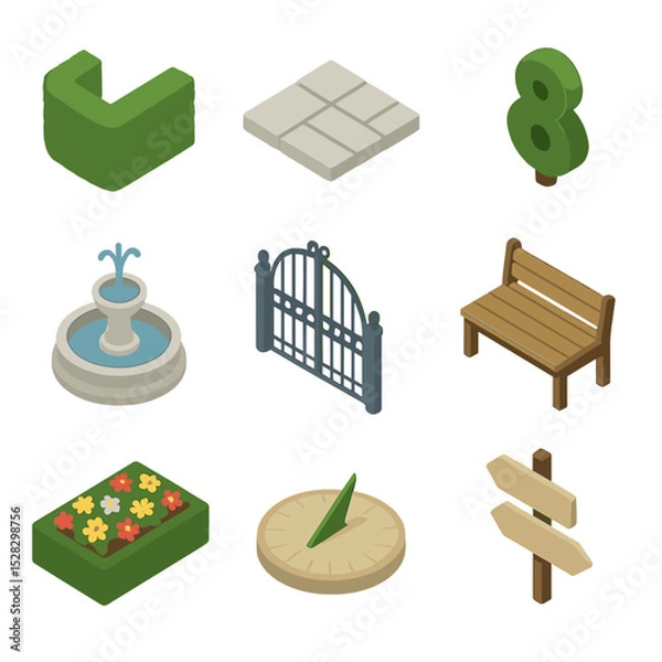 Obraz Garden Labyrinth Icons. Isometric Flat icon set of garden labyrinth path: hedge wall, stone path tile, topiary shape, central