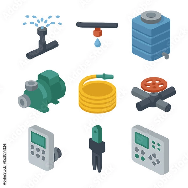 Obraz Irrigation System Icons. Isometric Flat icon set of irrigation systems: sprinkler head, drip line, water tank, pump, garden hose,