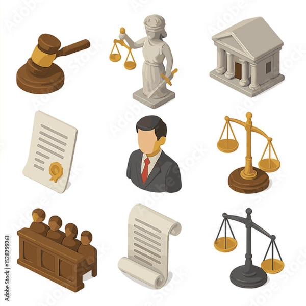 Obraz Isometric Justice Icons. Isometric Flat icon set of Fair trial and justice: gavel, blindfolded statue, courthouse, legal document,