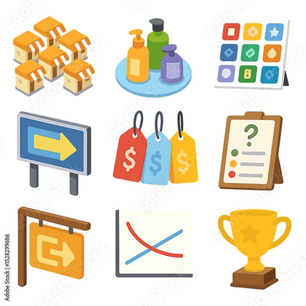 Obraz Monopolistic Competition Icons. Isometric Flat icon set of Monopolistic competition differentiation: many sellers cluster, product