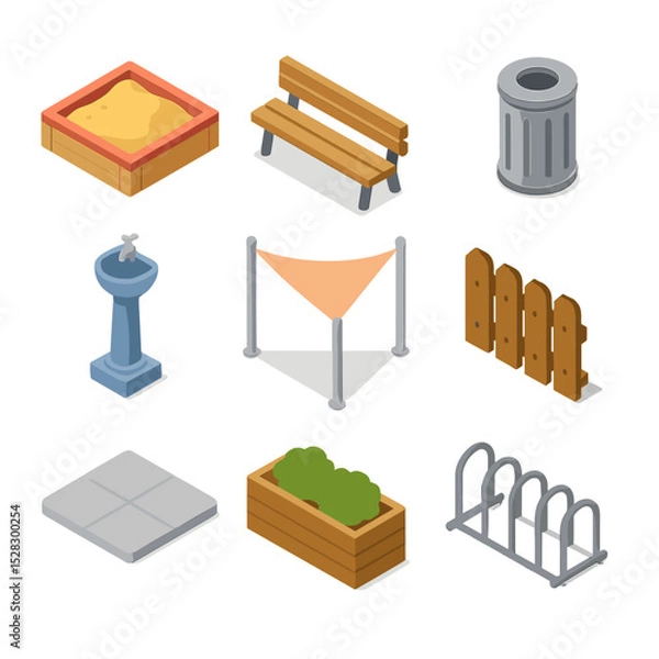 Obraz Playground Icon Set. Isometric Flat icon set of Playground Layout Elements: sandbox corner, bench seating, trash bin, water