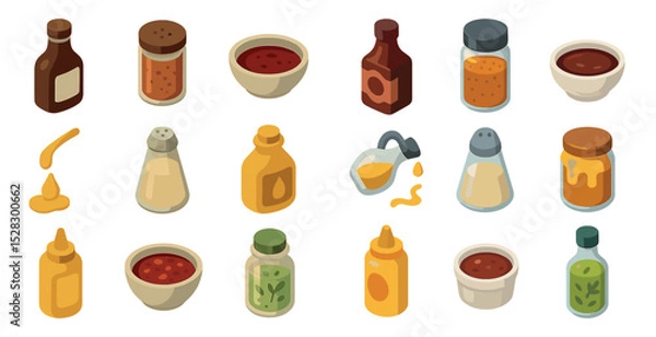 Fototapeta Diverse collection of condiment bottles and spice jars for culinary use