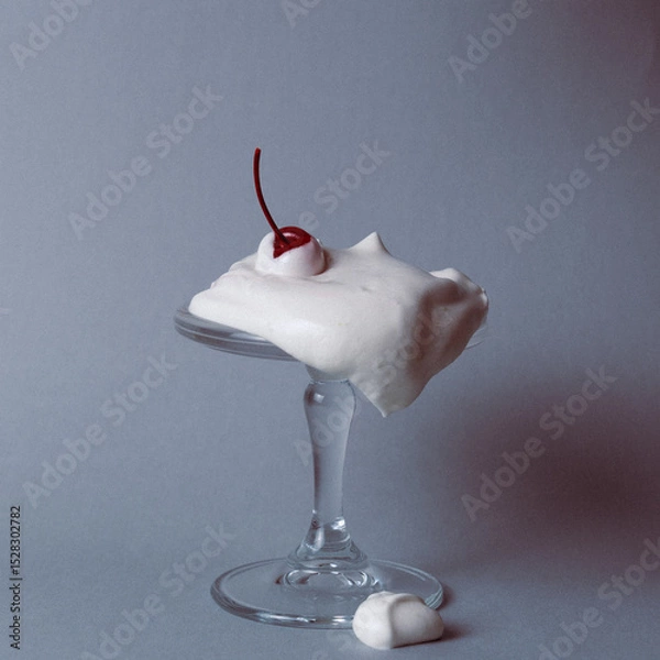 Obraz Whipped cream overflowing a glass stem with a cherry on top