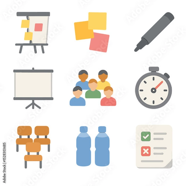 Obraz Resilience Workshop Icons. Isometric Flat icon set of Resilience Workshop Environment: flip chart, sticky notes, marker pen,