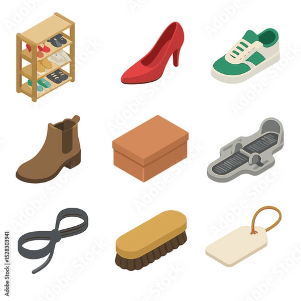 Obraz Shoe Store Icons. Isometric Flat icon set of Shoe paradise corner: shoe rack, high heel, sneaker, ankle boot, shoe box, foot