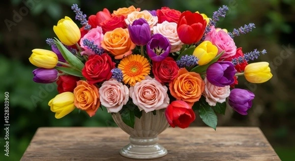 Obraz Vibrant Spring Bouquet Roses Tulips Lavender - A captivating arrangement of roses, tulips, and lavender. Symbolizing love, spring, renewal, beauty, and serenity