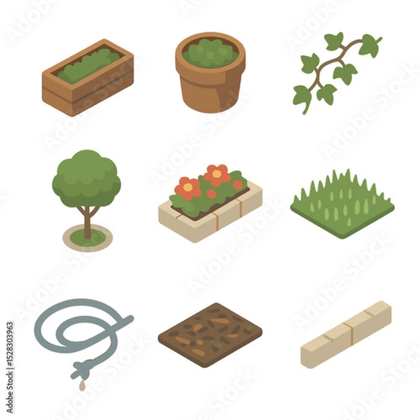 Fototapeta Sidewalk Greenery Icons. Isometric Flat icon set of Sidewalk greenery and planters: rectangular planter, round planter, ivy vine,