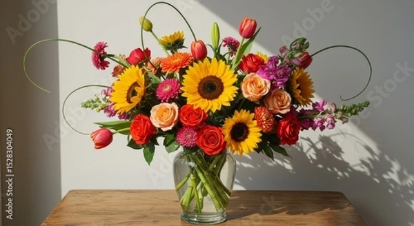 Obraz Vibrant Sunflower and Rose Arrangement - A stunning bouquet bursting with sunflowers, roses, tulips, and snapdragons. Symbolizing joy, warmth, love, new beginnings