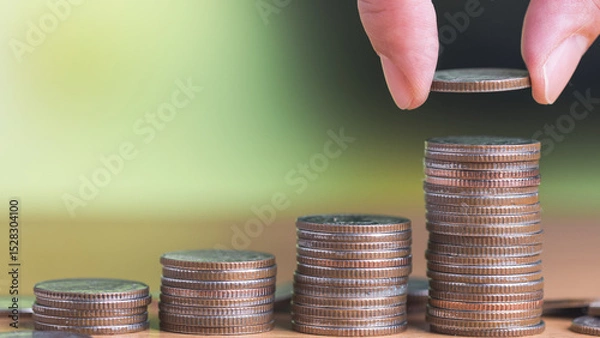 Obraz Man hand holding coin and put on the stacked coin on the table in concept of account for money saving, financial planning and retirement plan.