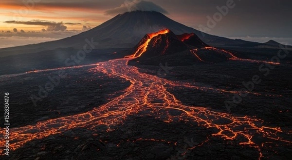 Obraz Volcanic Lava Flow at Sunset - A stunning aerial view of a volcanic eruption at sunset, showcasing a river of glowing lava flowing down the mountainside