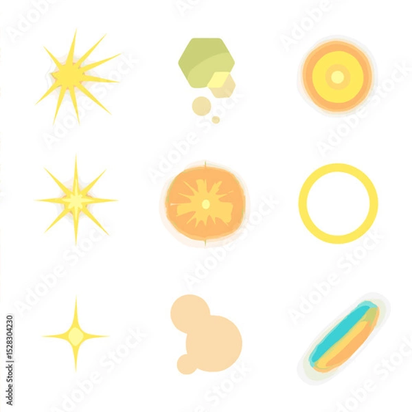 Fototapeta Sun and Flare Icons. Isometric Flat icon set of Sun rays and lens flares: light beams, hexagon flare, glow orb, starburst,