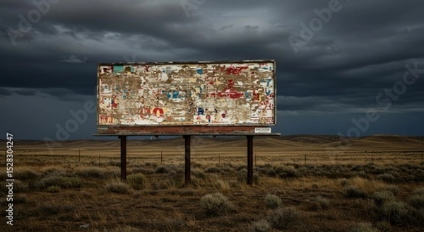 Obraz Weathered Billboard in Rural Landscape - A weathered billboard stands tall against a dramatic cloudy sky in a rural landscape. It symbolizes resilience, time's passage, forgotten messages