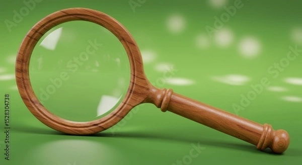 Obraz Wooden Magnifying Glass on Green Background - A close-up shot of a classic wooden magnifying glass resting on a green surface. Perfect for concepts of research, investigation, or detail
