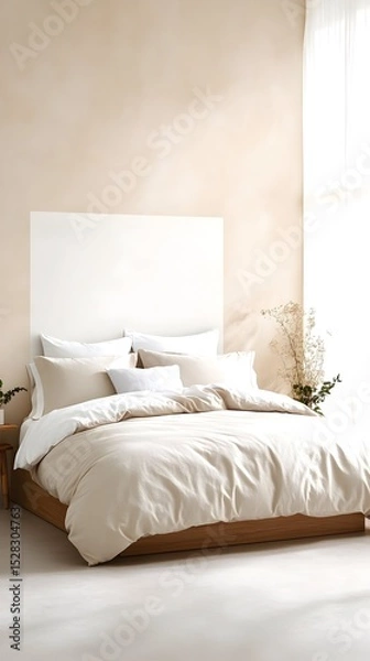 Fototapeta A minimalist bedroom features a king-size bed with a beige duvet cover, several coordinating pillows, and a simple white headboard.  Sunlight streams in from a sheer window curtain, il