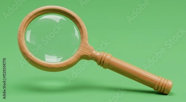 Obraz Wooden Magnifying Glass on Green Background - A high-quality of a classic wooden magnifying glass lying on a green background, ideal for websites, blogs, or presentations related to research