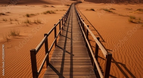 Obraz Wooden Path Through Red Desert Dunes - A solitary wooden walkway winds through expansive red sand dunes under a clear sky, symbolizing journey, exploration, solitude, hope, and the path to discovery