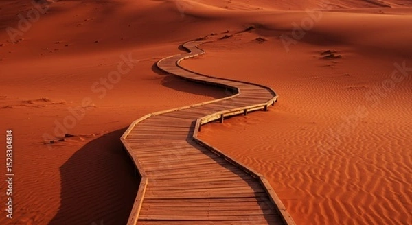 Obraz Wooden Path Through Red Desert Dunes - A winding wooden walkway cuts through expansive red sand dunes, symbolizing journey, exploration, perseverance, hope, and the unexpected path