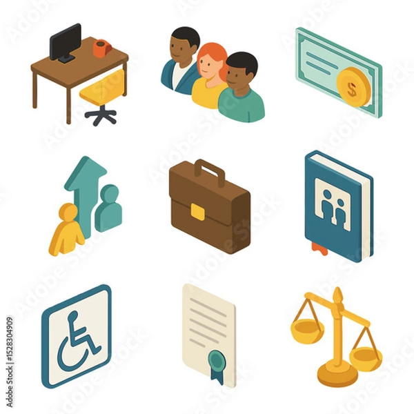 Obraz Workplace Equality Icons. Isometric Flat icon set of Workplace equality policies: office desk, diverse employee avatars, equal pay