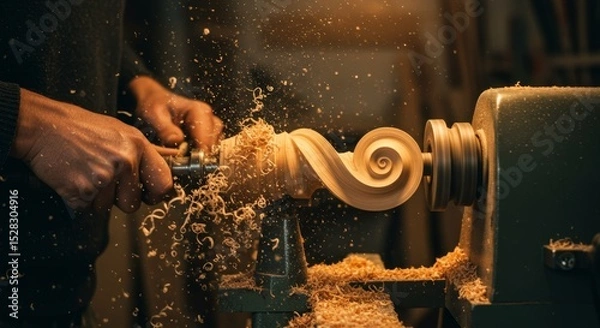 Obraz Woodturning Craftsmanship: Shaping Beauty - Close-up shot of a woodturner's hands skillfully shaping a piece of wood on a lathe, wood shavings flying