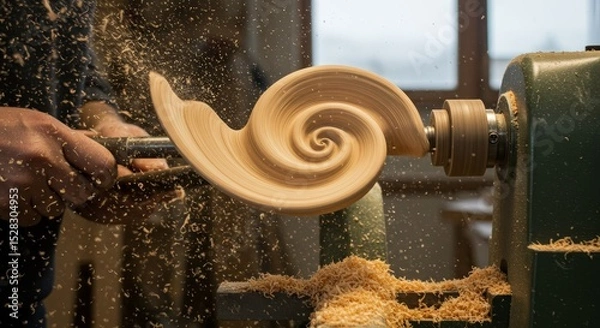 Obraz Woodturning Spiral Art Creation - Close-up of a woodturner shaping a spiral design on a lathe, wood shavings flying