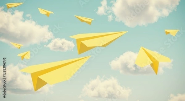 Obraz Yellow Paper Airplanes Soaring in a Blue Sky - Hope, freedom, dreams, journey, and aspirations symbolized by yellow paper airplanes flying freely against a simple cloudy sky. A gentle and optimistic
