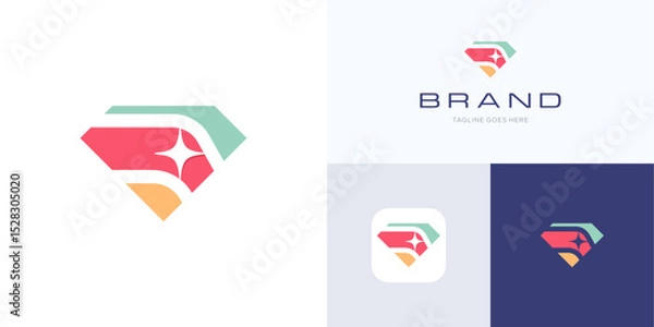 Fototapeta Modern diamond shine colorful logo icon design vector illustration element, Emblem symbol isometric shape with one spark bright sign in negative space for brand identity and business company