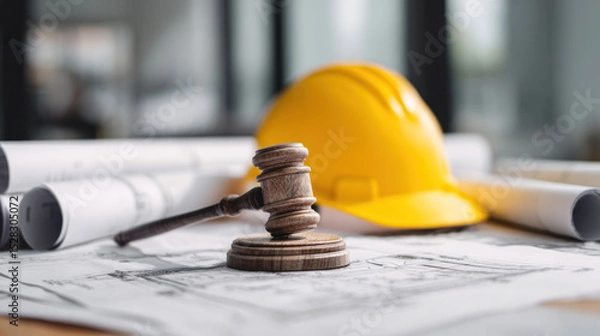 Fototapeta Symbolic image of construction law, showing judge's mallet, blueprint documents, and safety helmet on clean workspace, concept of legal oversight in building industry