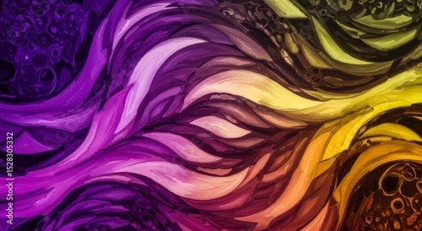 Obraz Abstract Purple and Gold Swirls - Vibrant abstract artwork featuring swirling purple, pink, and gold hues. Perfect for backgrounds or design projects
