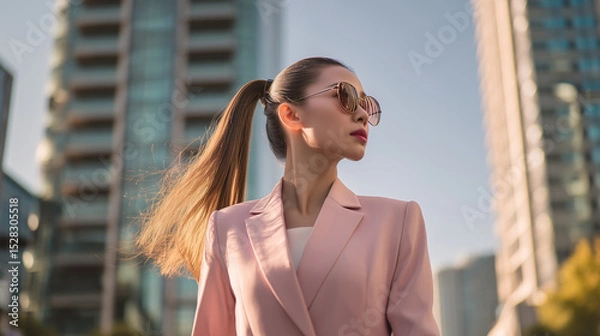 Fototapeta Confident Asian woman wearing sunglasses and pink blazer stands poised in a modern urban environment at sunset. The cityscape features tall buildings in the background. Image made using Generative AI.
