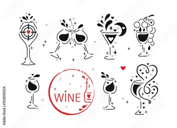 Fototapeta Romantic Vector Set of Wine Glasses with Hearts, Shining Stars, Wine Splashes