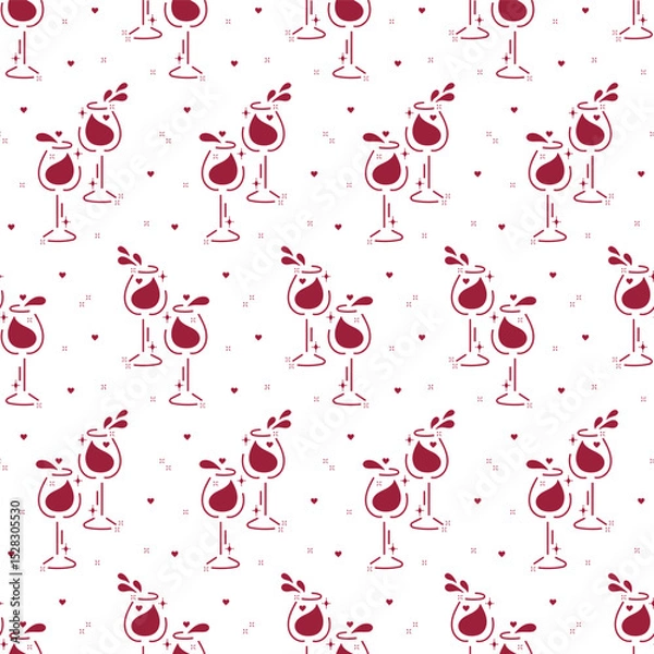 Fototapeta Burgundy White Romantic Vector Seamless Pattern of Wine Glasses with Hearts, Wine Splashes. Wine Lover Holiday Background