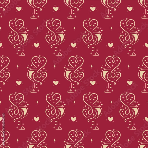 Fototapeta Burgundy Golden Romantic Vector Seamless Pattern of Wine Glasses with Hearts, Wine Splashes. Wine Lover Holiday Background