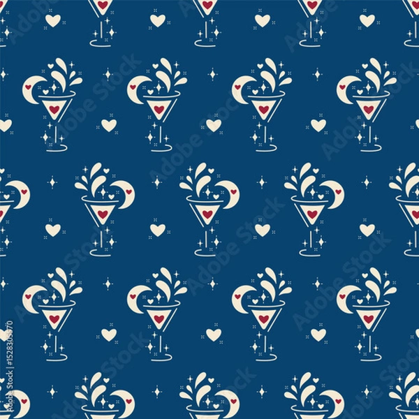 Fototapeta Blue Romantic Vector Seamless Pattern of Wine Glasses or Cocktail with Hearts, Wine Splashes, Moon. Wine Lover Holiday Background
