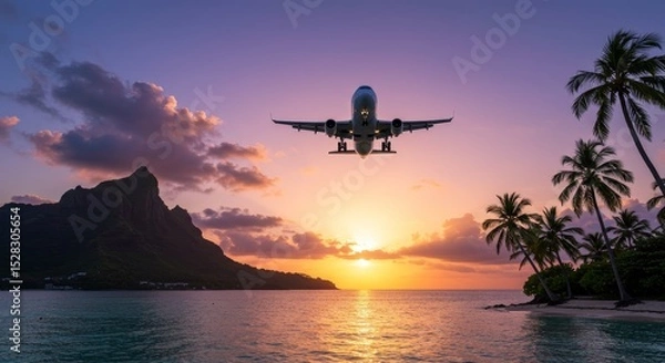 Obraz Airplane Landing Tropical Sunset - Airplane approaching tropical island at sunset, palm trees, ocean. Perfect for travel, vacation, holiday themes