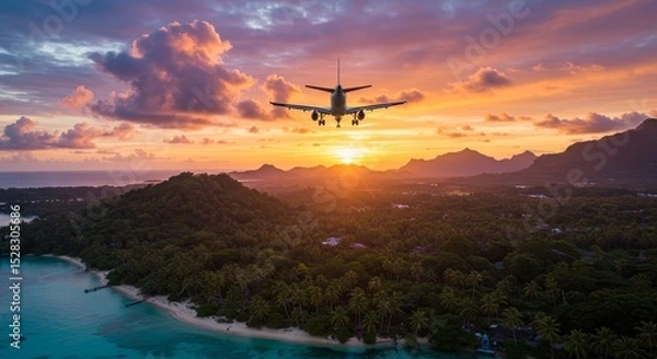 Obraz Airplane Landing Tropical Sunset - Airplane approaching tropical island at sunset, stunning landscape, ocean, beach, palm trees