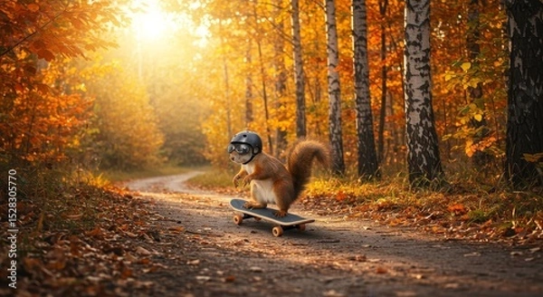 Obraz Autumn Squirrel Skateboarding Adventure - A playful squirrel, wearing a helmet, skateboards down a path in a sun-dappled autumn forest. Symbolizing freedom, adventure, nature, fall, and fun