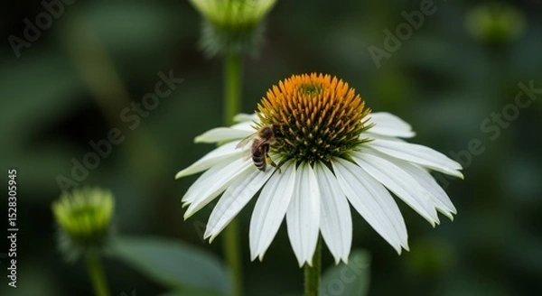 Obraz Bee on White Coneflower - A honeybee gathers pollen from a delicate white coneflower, showcasing the beauty of nature's symbiotic relationship