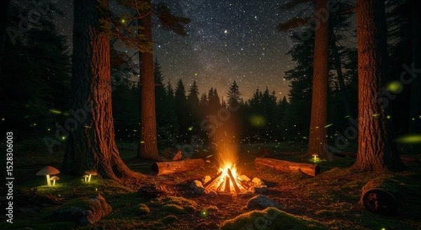 Obraz Campfire Under Starry Night - A cozy campfire scene in a forest at night, surrounded by fireflies and tall trees under a starry sky
