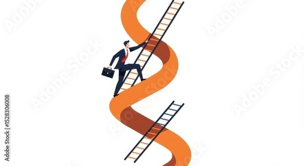 Obraz Businessman Climbing Twisted Ladder to Success - A businessman ascends a winding ladder, symbolizing unconventional paths, challenges, ambition, progress, and reaching goals