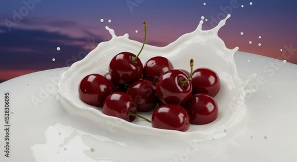 Obraz Cherries in Creamy Splash at Sunset - Juicy cherries submerged in a creamy milk splash against a vibrant sunset backdrop. Symbolizing freshness, purity, delight, indulgence, and summer
