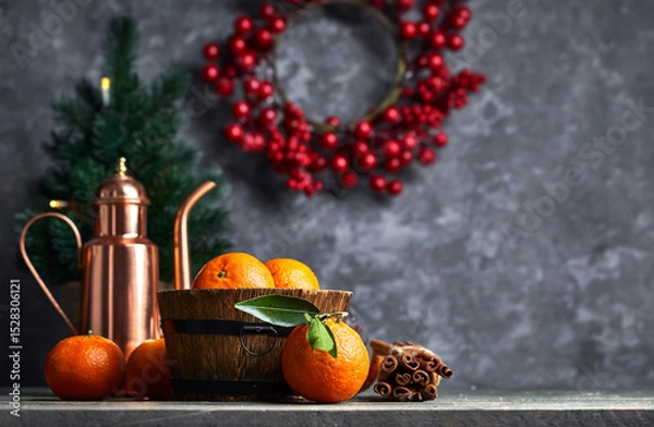 Fototapeta Still life with copper pitcher teapot and ripe fresh orange tangerine fruits in a wooden, barrel-shaped rustic bowl on bark wood table. Grunge stone wall berries wreath Christmas tree on background.