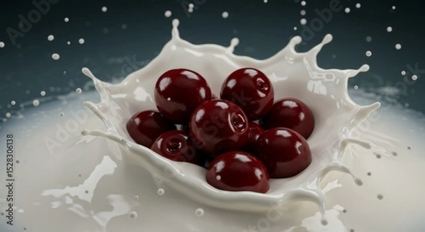 Fototapeta Cherries Splashing in Milk - Juicy red cherries splashing into a pool of creamy milk, creating a vibrant and refreshing
