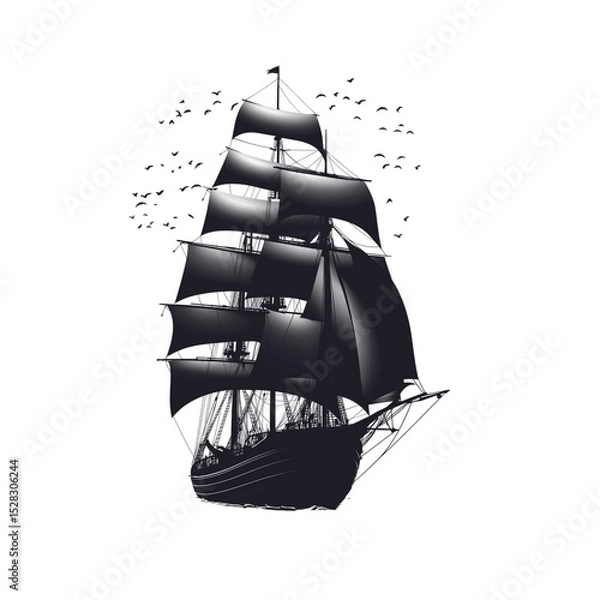 Obraz Silhouette of a vintage sailing ship with fully unfurled sails, isolated on a white background, symbolizing adventure, exploration, and nautical history in a dramatic maritime composition