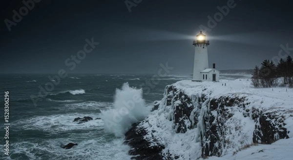 Obraz Coastal Lighthouse in Winter Storm - A solitary lighthouse bravely stands against a raging winter storm, symbolizing hope, resilience, guidance, protection, and perseverance